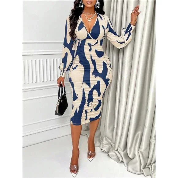 Autumn V-Neck Lantern Sleeve Pleated Elastic Waist Elegant Floral Print Dress